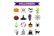 Happy Halloween icons set, flat style. Isolated on white background. Halloween collection of design elements with pumpkin, witch hat, spider, zombie, skull, coffin, bat. Vector illustration.