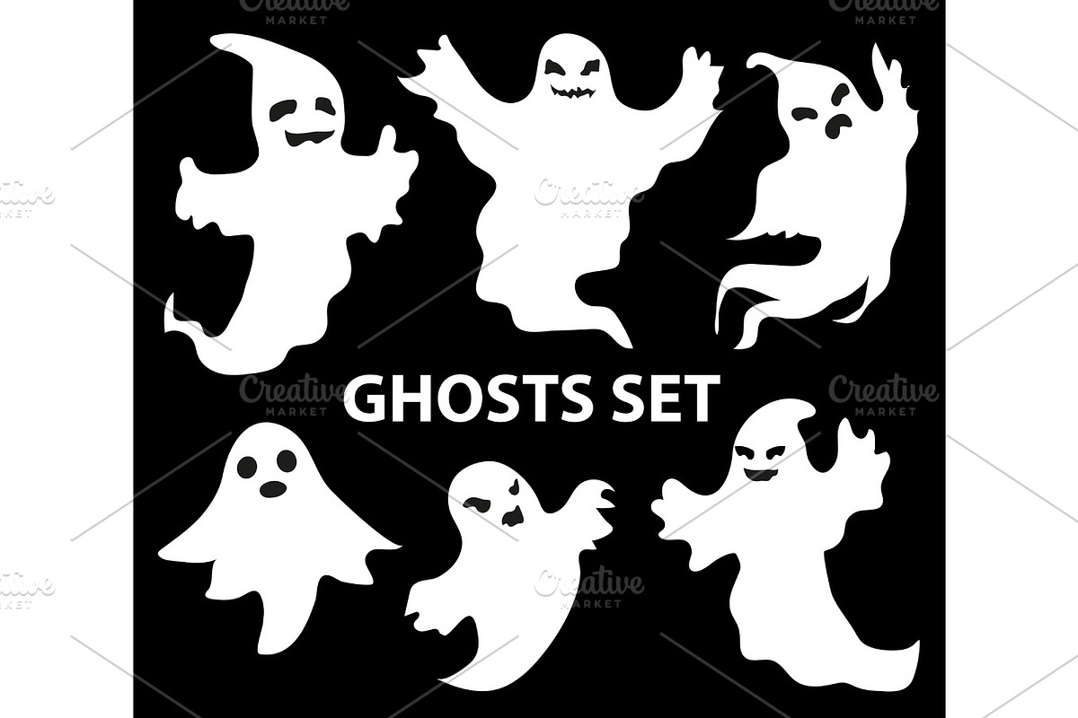 Ghosts scary set, flat style. Isolated on a black background. Halloween concept. Collection of dead spirits. Vector illustration. in Objects - product preview 8