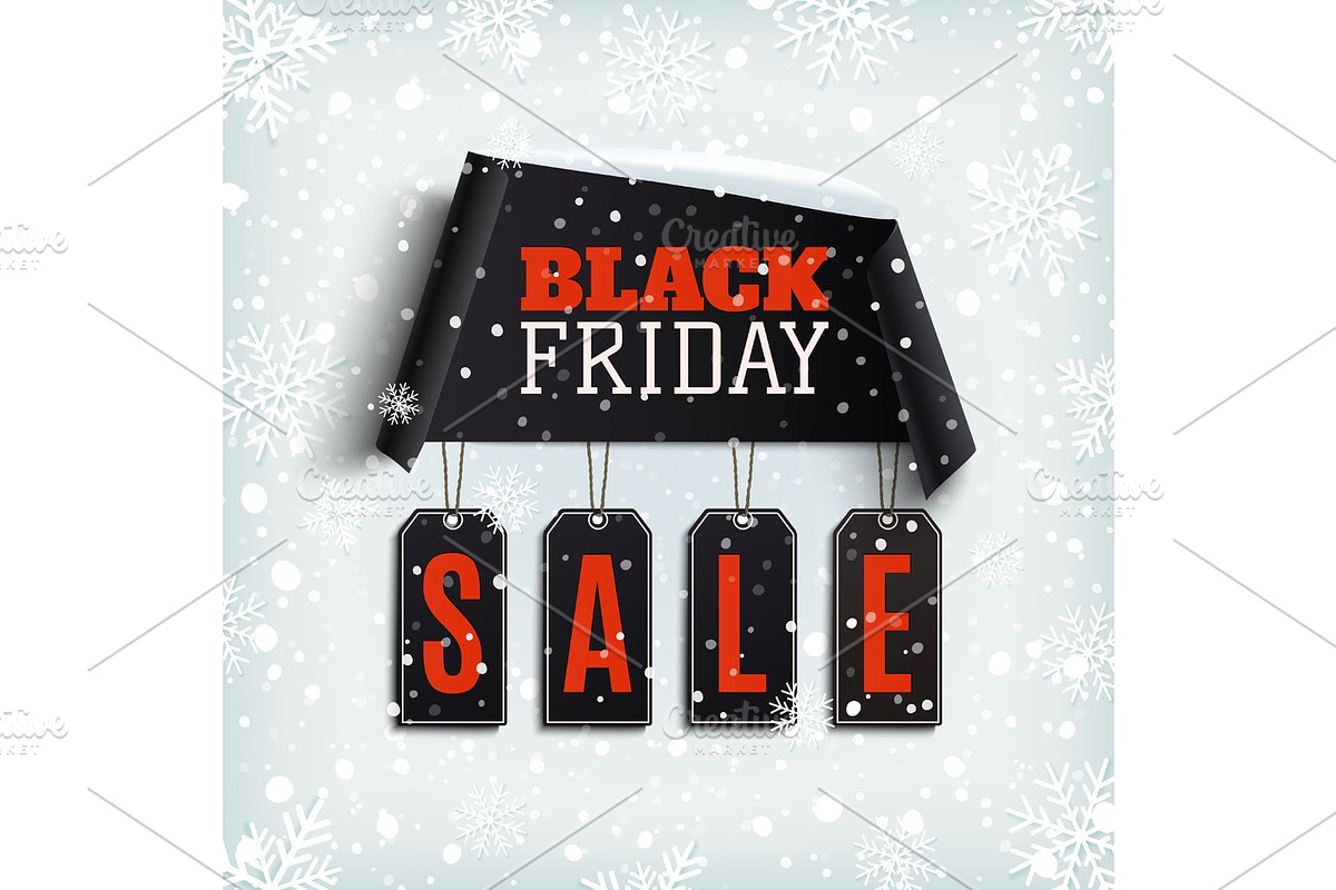 Black friday sale. Curved paper banner with black price tags. in Objects - product preview 8