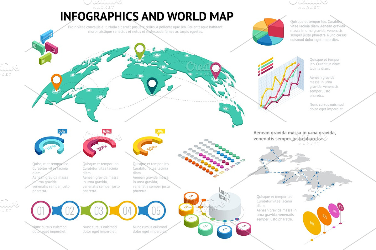 Isometric World map with set of infographics elements. Big set of infographics with data icons, world map charts and design elements For business presentations and reports Vector illustration in Objects - product preview 8