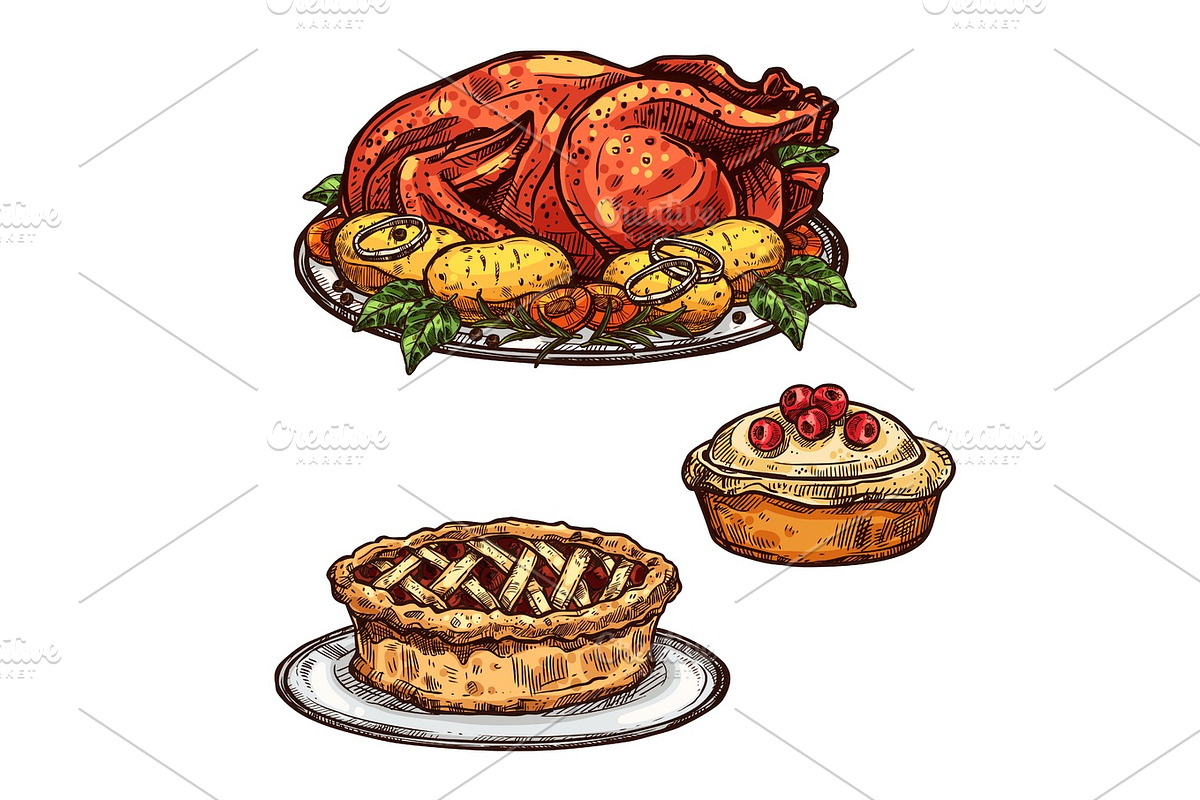 Thanksgiving day turkey, pie dinner sketch food in Illustrations - product preview 8