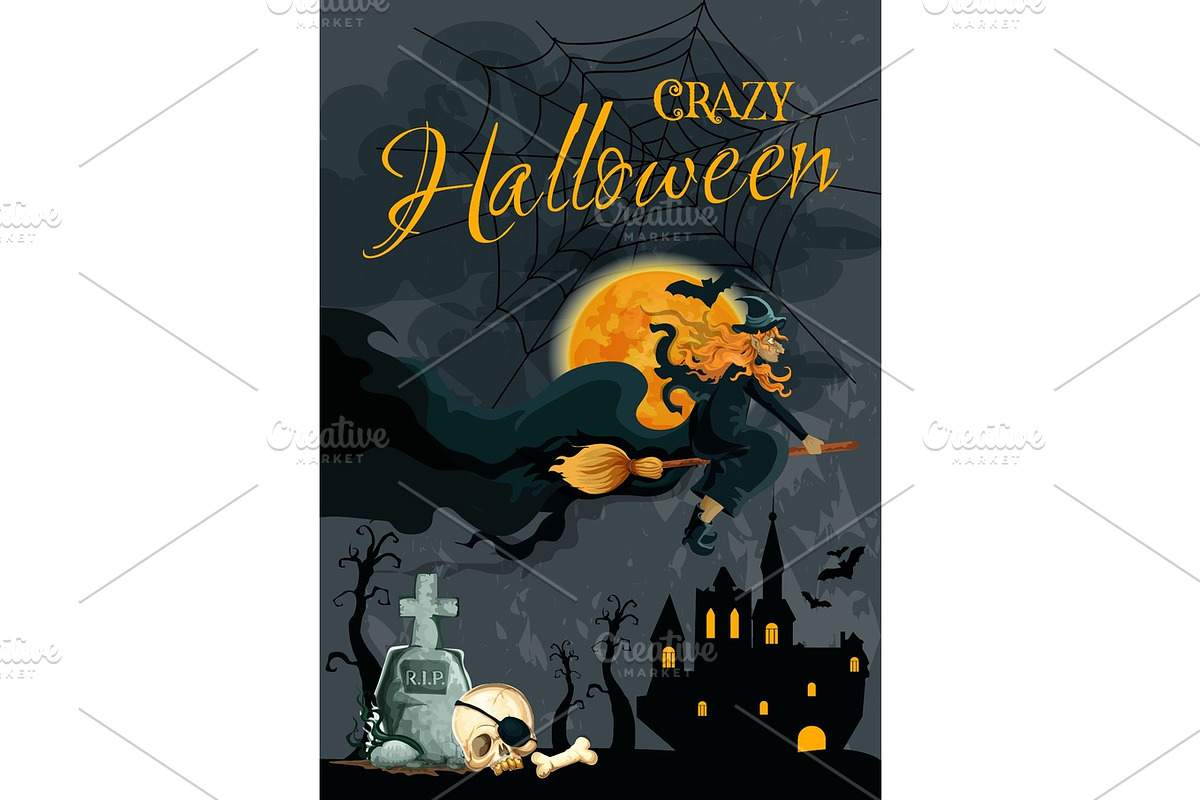Halloween witch night cemetery vector poster in Illustrations - product preview 8
