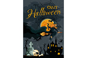 Halloween witch night cemetery vector poster