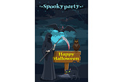 Halloween holiday night party banner with skeleton