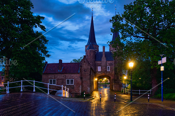 Oostport (Eastern Gate) of Delft at night. Delft, Netherlands
