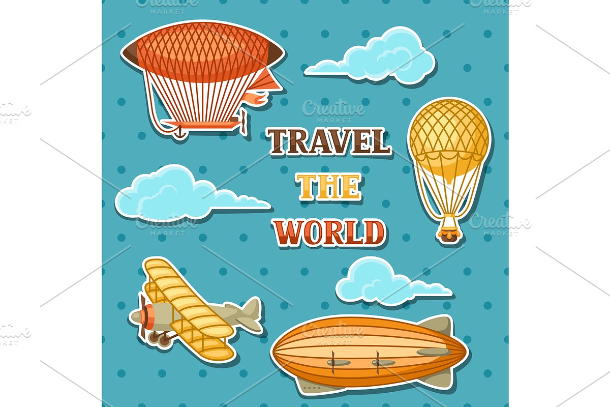 Set of retro air transport. Vintage aerostat airship, blimp and plain in cloudy sky in Objects - product preview 8