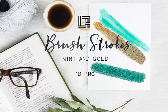  Mint, gold  glitter.  Brush strokes in Illustrations - product preview 1