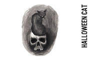Halloween Cat on a Skull Watercolor