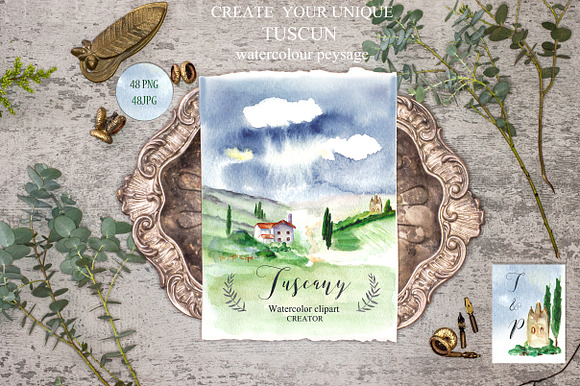 Tuscany Italy Watercolor maps & food in Illustrations - product preview 3