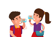 Girl and boy drink fresh water