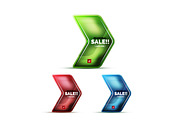 Glossy glass geometric arrow price sale web label, realistic icon