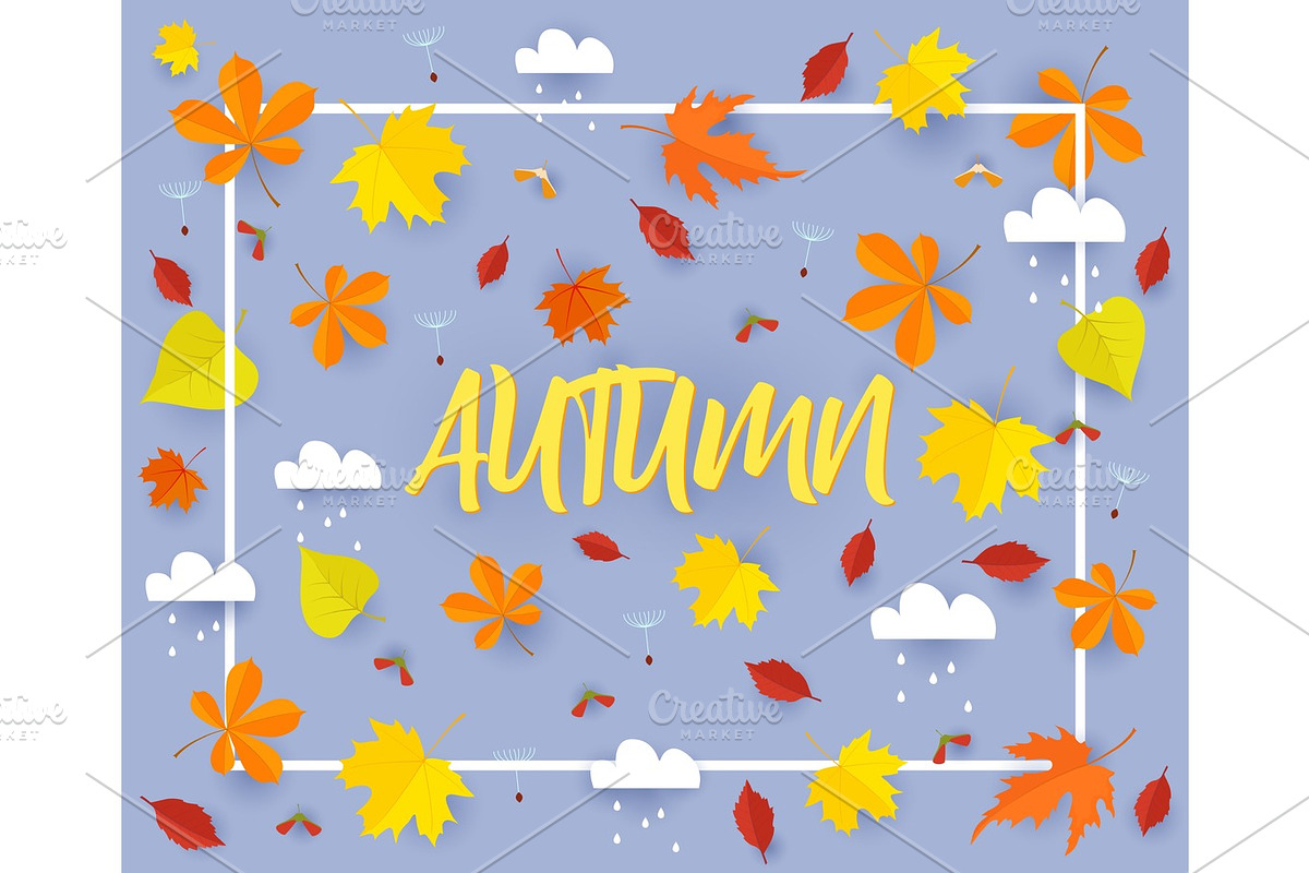 Autumn. Fall banner background template with beautiful colorful autumn leaves and rain clouds.Cut from paper vector illustration. in Illustrations - product preview 8