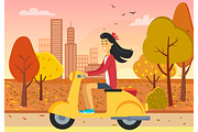 Woman Driving Scooter in Autumn City Park