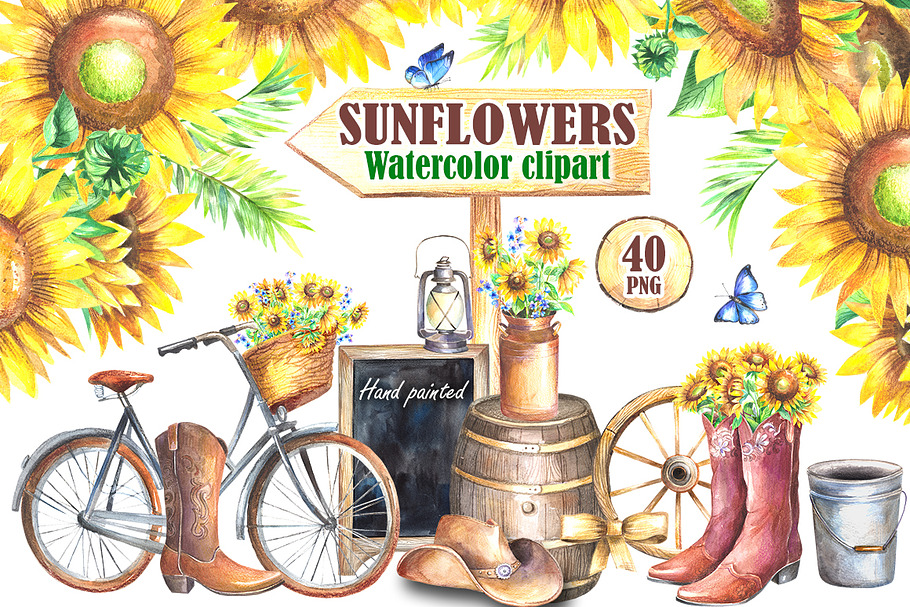 Sunflowers watercolor clipart in Illustrations - product preview 8