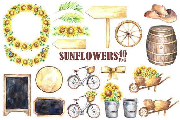 Sunflowers watercolor clipart in Illustrations - product preview 2