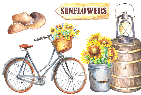 Sunflowers watercolor clipart in Illustrations - product preview 3