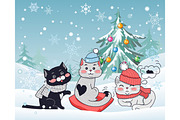 Happy Winter Friends. Three Little Cats. Vector