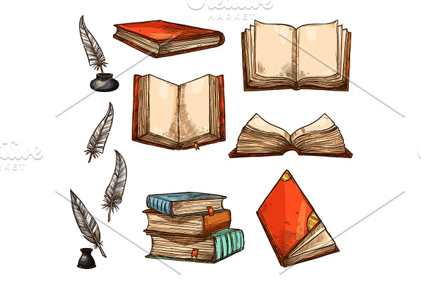 Vector icons of old books and manuscripts sketch