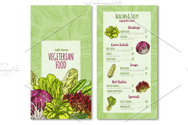 Vector vegetairan cafe menu sketch salad vegetables