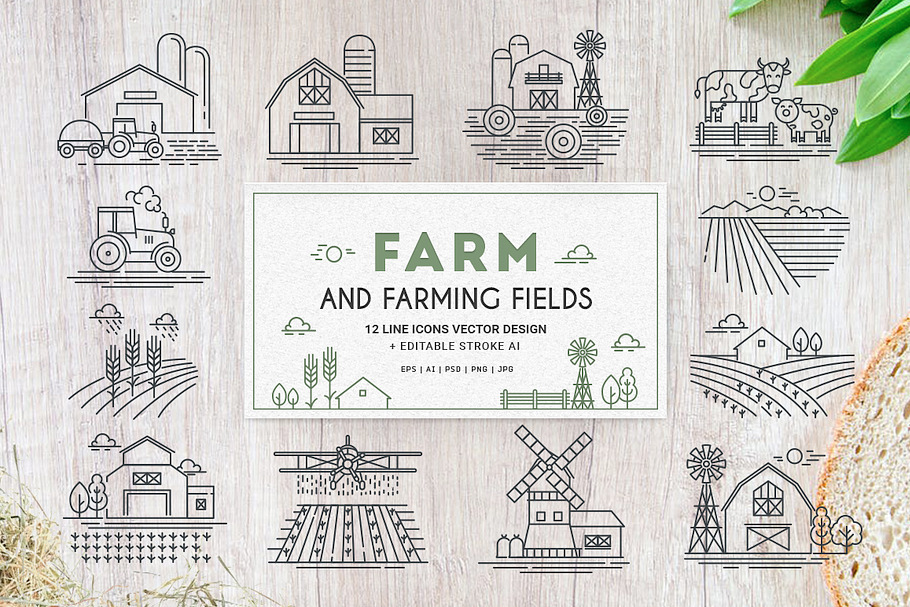 Farm icons and farming fields 