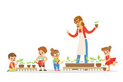 Biology lesson in kindergarten, children looking at plant seedlings. Cartoon detailed colorful Illustrations isolated on white background