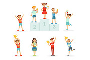 Happy young children holding their golden trophies, set for label design. Cartoon detailed colorful Illustrations