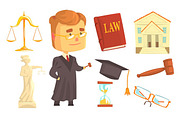 Judge and attributes of judicial activity set for label design. Law and justice, cartoon detailed colorful Illustrations