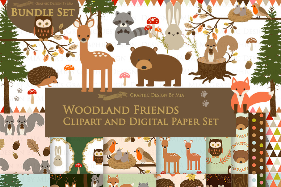 Woodland Friend Clipart+Pattern set in Illustrations - product preview 8