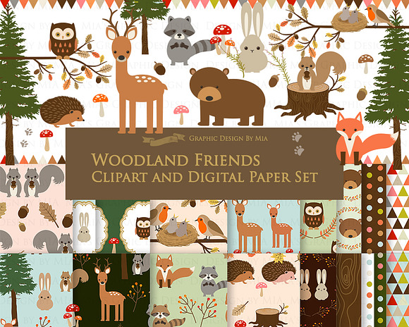 Woodland Friend Clipart+Pattern set in Illustrations - product preview 1