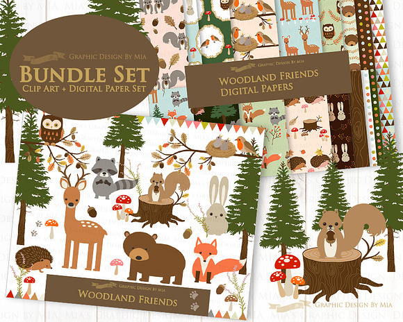 Woodland Friend Clipart+Pattern set in Illustrations - product preview 2