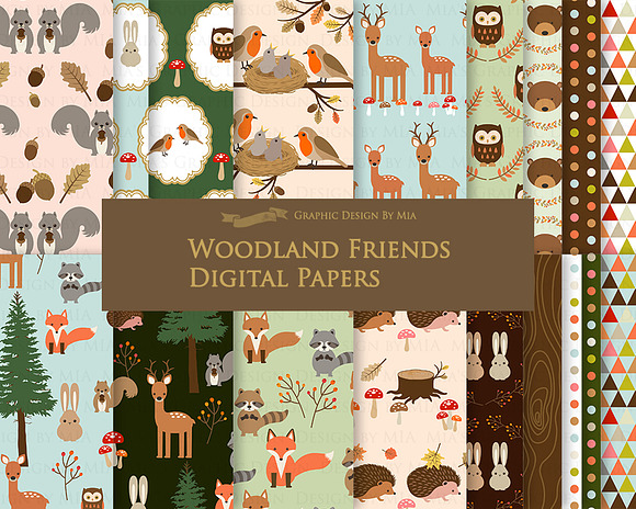 Woodland Friend Clipart+Pattern set in Illustrations - product preview 7