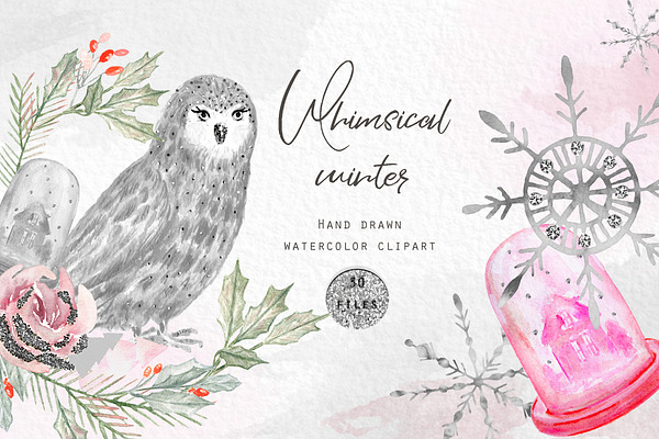 Whimsical winter. Watercolor clipart