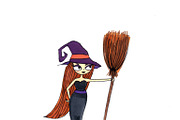 Hand drawn witch with broom