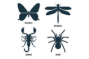 Butterfly and dragonfly, scorpio and spider on vector illustration