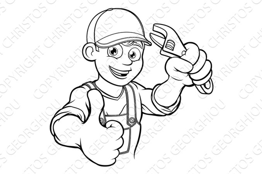 Mechanic or Plumber Handyman With Wrench Cartoon in Illustrations - product preview 8