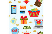 Supermarket web shopping cartoon set food and commerce products shop icons isolated on white vector seamless pattern background .