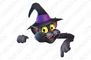 Pointing cartoon witchs cat