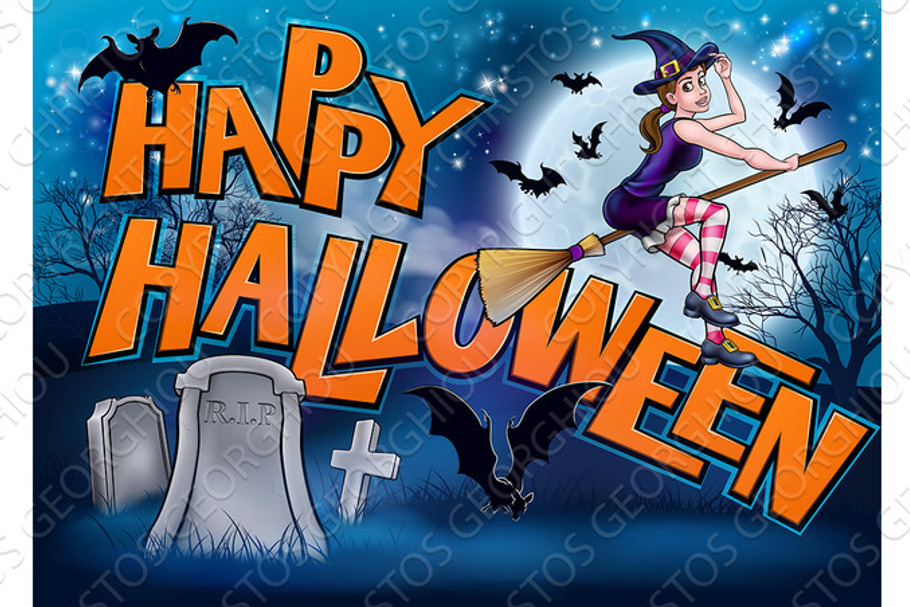 Happy Halloween Cartoon Witch Sign in Illustrations - product preview 8