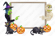 Mummy and Witch Halloween Sign