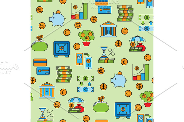 Banking money finance banking services accumulation bank investment vector seamless pattern background