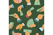 Businessman human hands hold paper money backs seamless pattern background vector illustration