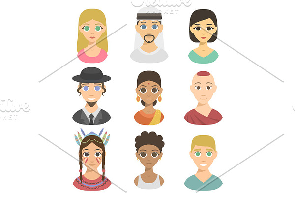 Cool avatars different nations people portraits ethnicity different skin tones ethnic affiliation and hair styles vector illustration.