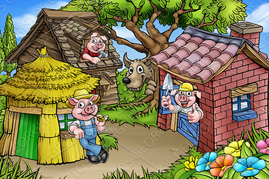 Fairytale The Three Little Pigs Cartoon Scene