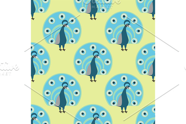 Seamless pattern peacock background vector illustration wild animal characters cute fauna tropical feather pets