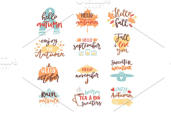 Fall nature season vintage hand drawn lettering stickers with text autumn and floral elements phrases vector illustration