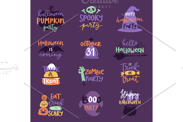 Halloween Day celebration invitation logo text badge phrases vector illustration set design