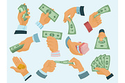 Businessman human hands hold paper money backs vector illustration