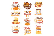 Thanksgiving decoration lettering invintation logo badge design harvest november celebrate background vector illustration