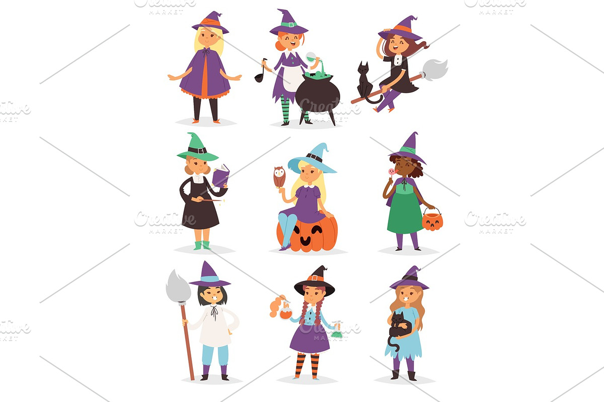 Cute little Halloween Witch girl harridan broom cartoon magic young character costume hat vector illustration. in Illustrations - product preview 8