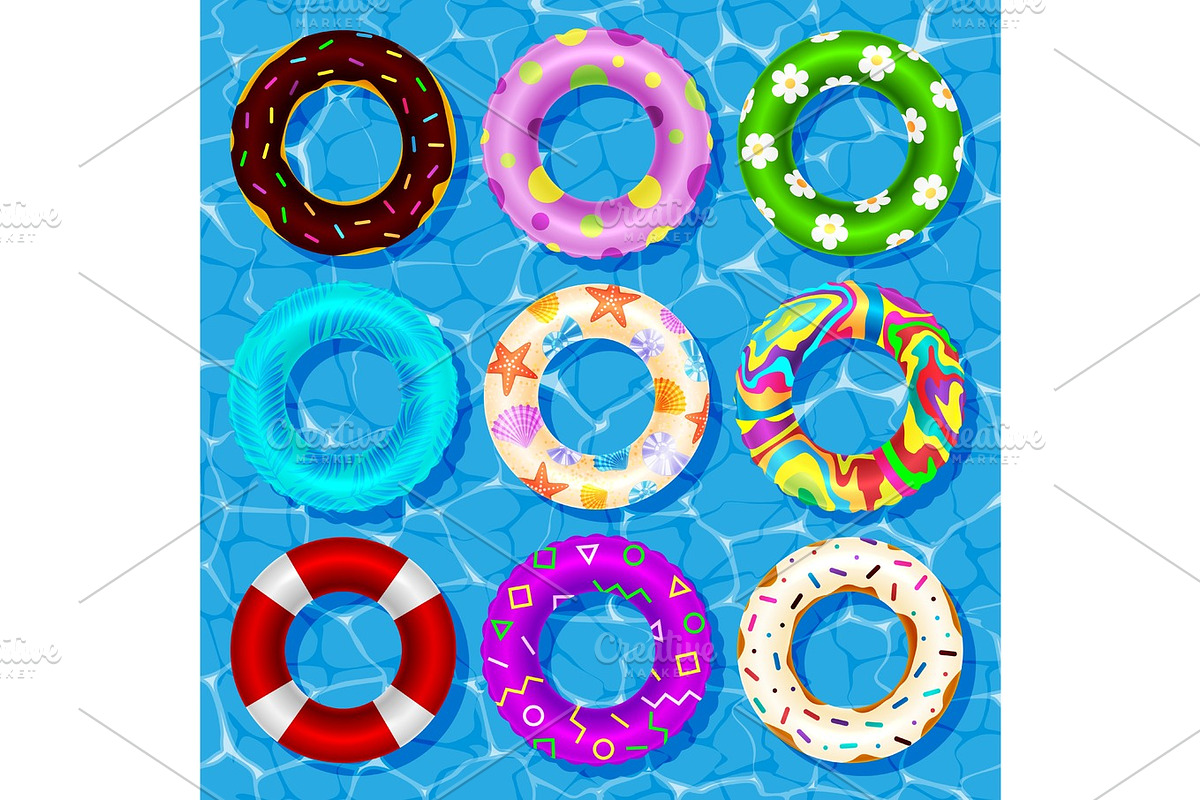 Top view vector collection of rubber rings floating on swimming pool water lifebuoy security, equipment. in Illustrations - product preview 8